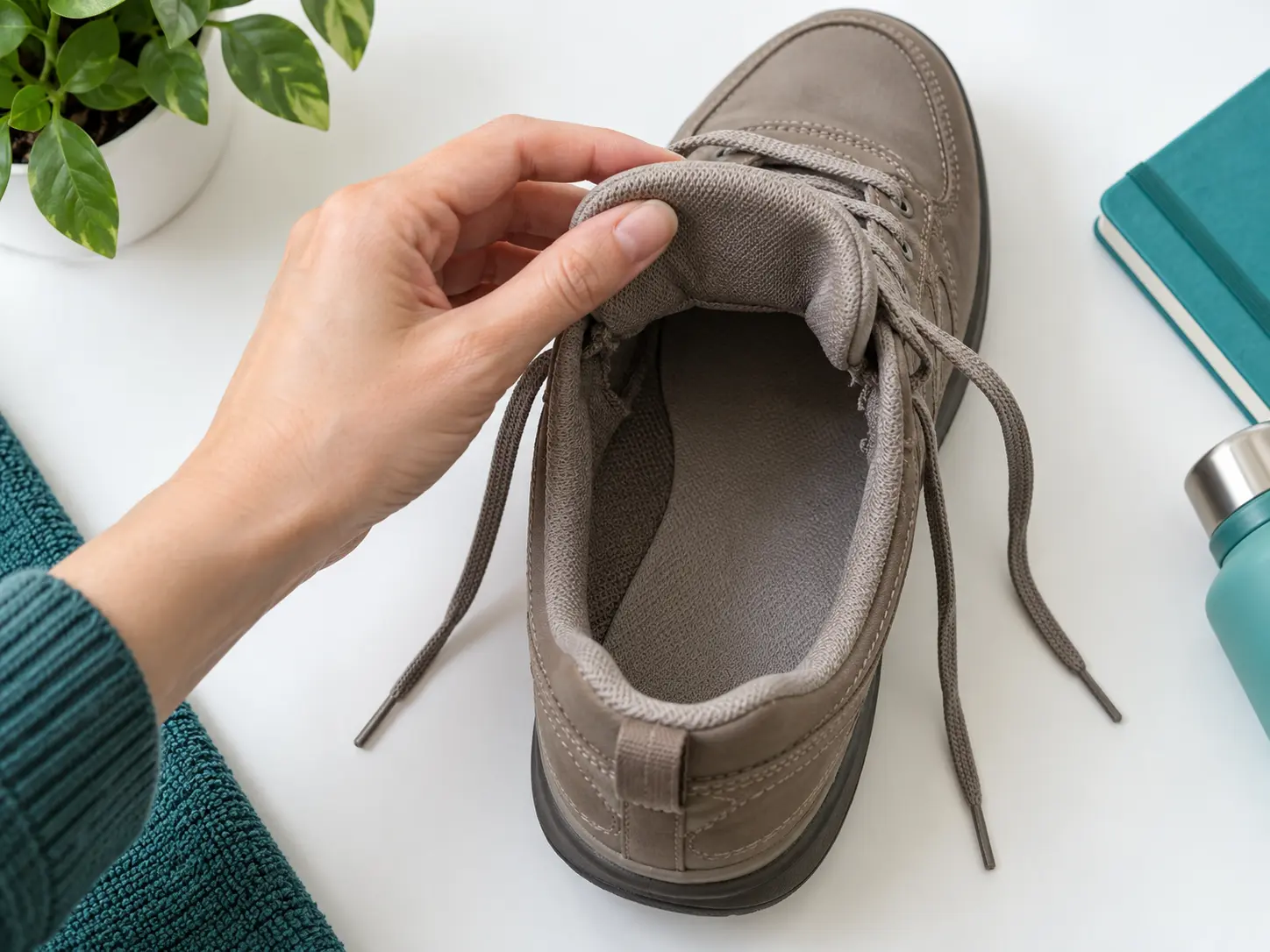 Mano abriendo un zapato de cordones para observar su espacio interior.